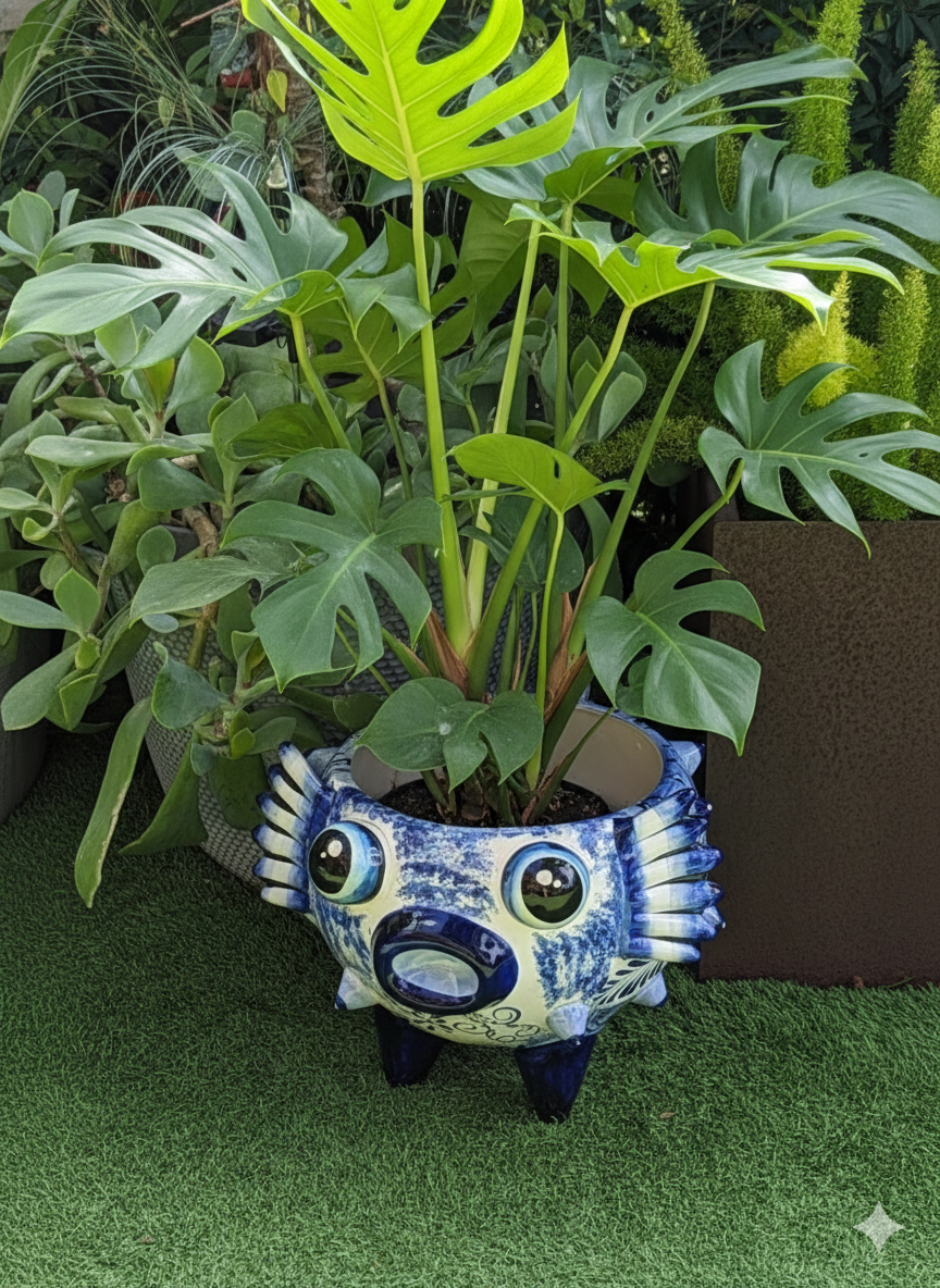 Ceramic planter with a face design among green plants