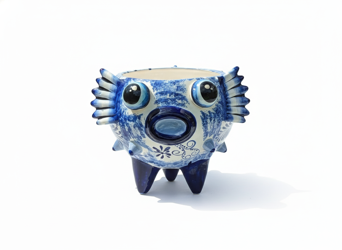 Blue and white ceramic creature figurine on a white background