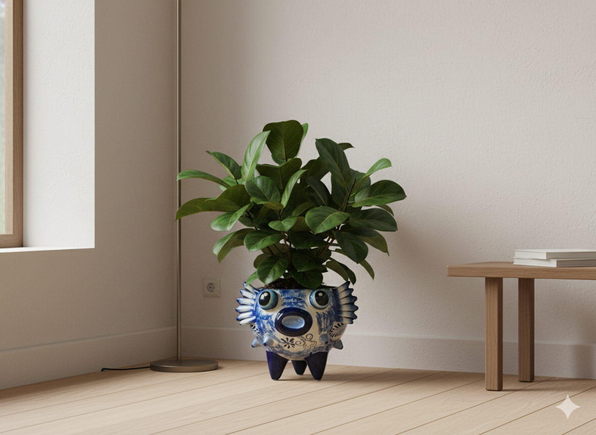 Decorative plant pot with face design in a room with a wooden floor and light-colored walls.