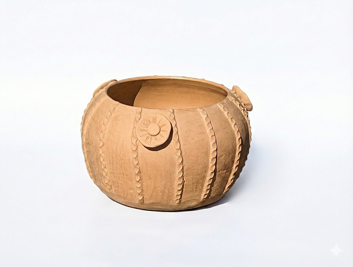 Decorative terracotta pot with embossed patterns on a white background