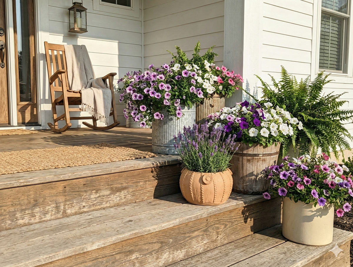 Decorative potted plants on a wooden porch with a house in the background