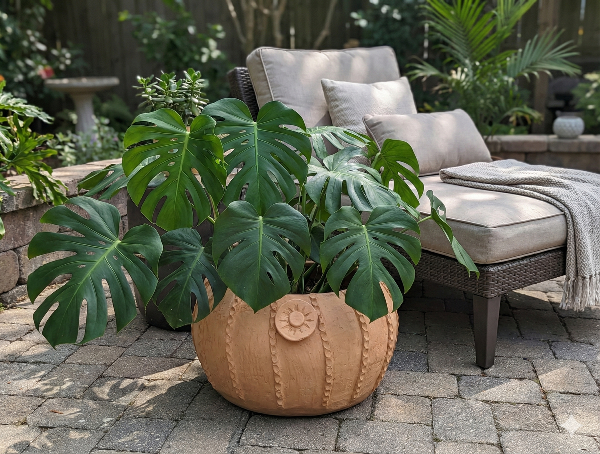 Terracotta planter with a large green leafy plant on a patio with outdoor furniture.
