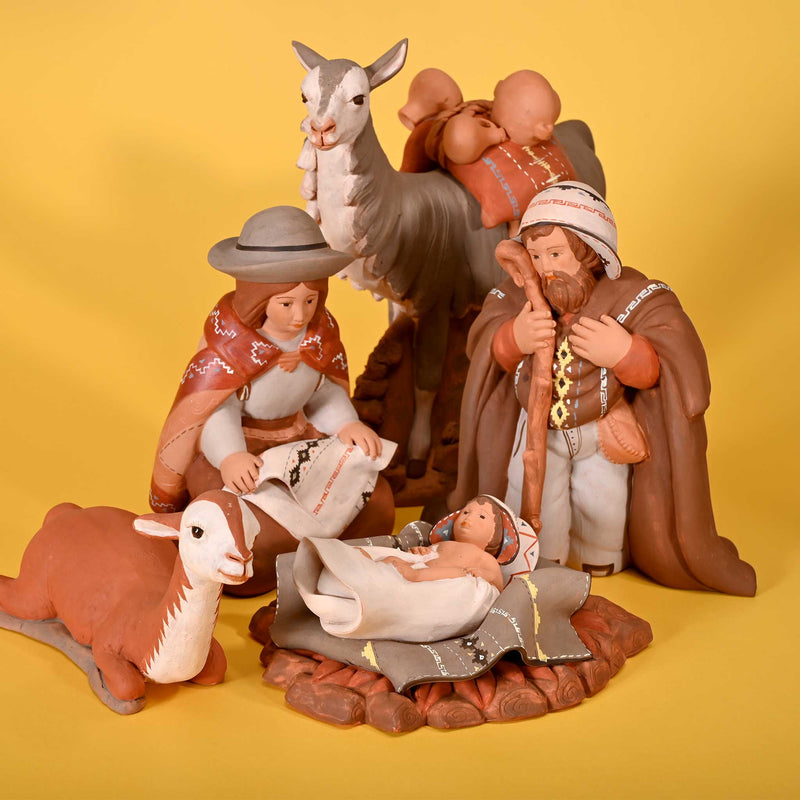 Holy Family and Llama, Fine Ceramic Nativity Set of 5 Christmas Decor