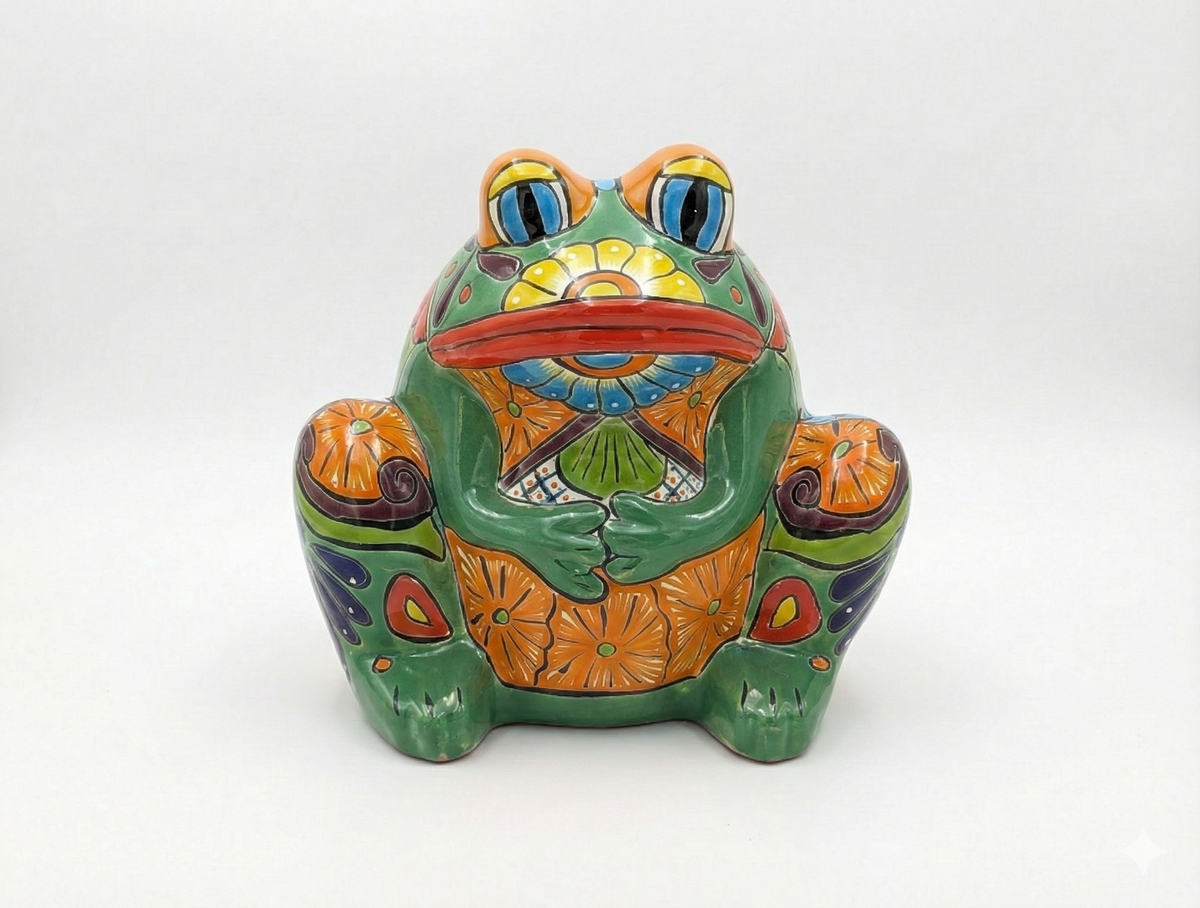 Colorful ceramic frog planter on a white background