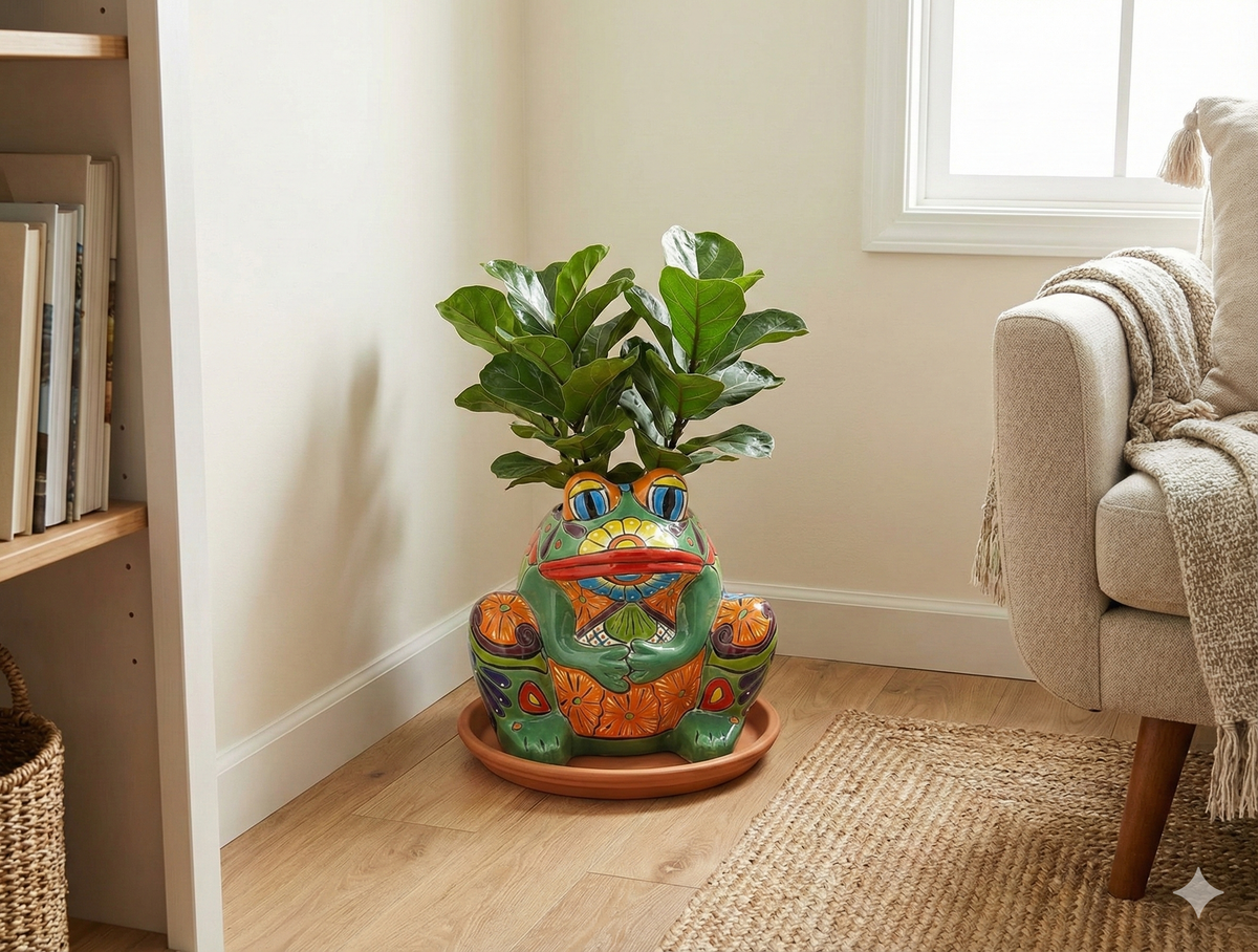 Decorative frog planter with a plant on a wooden floor in a living room.
