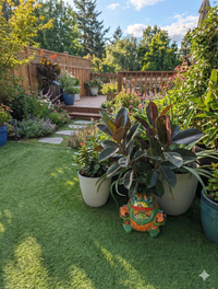 Garden with potted plants and a wooden deck in the background