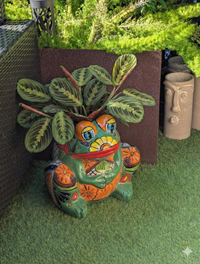 Colorful frog-shaped planter with a plant on a grassy surface