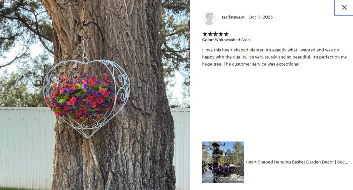 Heart Shaped Hanging Basket Garden Decor | Succulent Plant Hanger for Yard or Home, Hand Forged Metal Yard Art