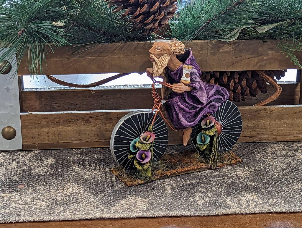 Father Time Bicycle, Clay Figurine, Mexican Folk Art, Oaxacan Art, Handmade Original Collectible