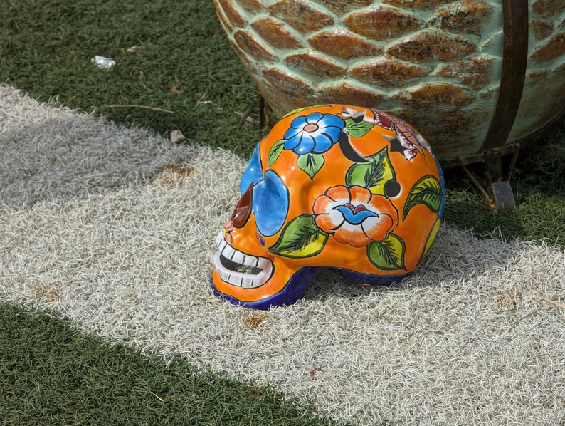 Halloween Skull Decor for Trick or Treat or Halloween Party, Holiday Decor or Seasonal Yard Decor, Handmade Mexican Talavera Pottery 9.5" H