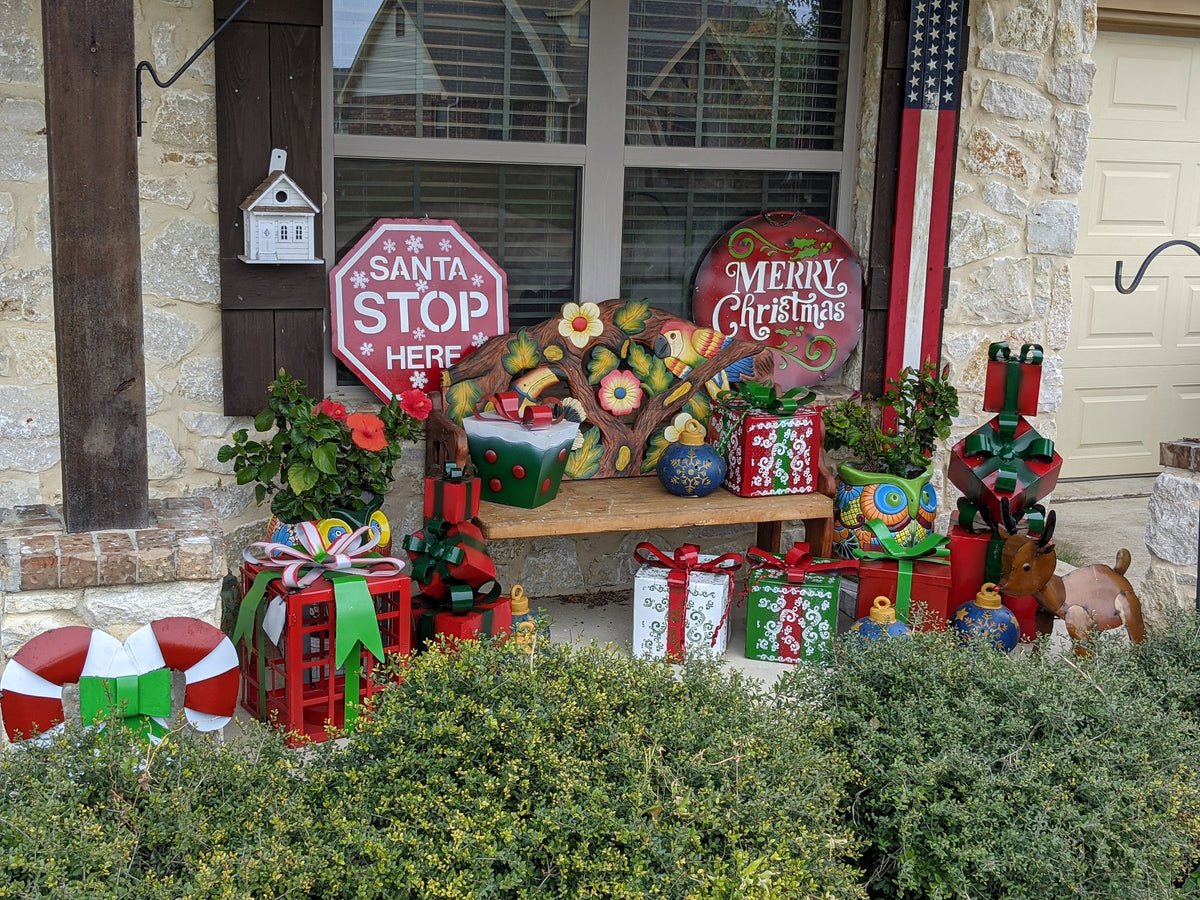 Christmas Decor Outdoor Festive Holiday Decor, Metal Gift Boxes Yard Art or Porch Decor 10x10x8