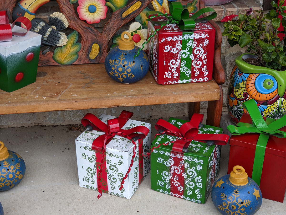 Christmas Decor Outdoor Festive Holiday Decor, Metal Gift Boxes Yard Art or Porch Decor 10x10x8