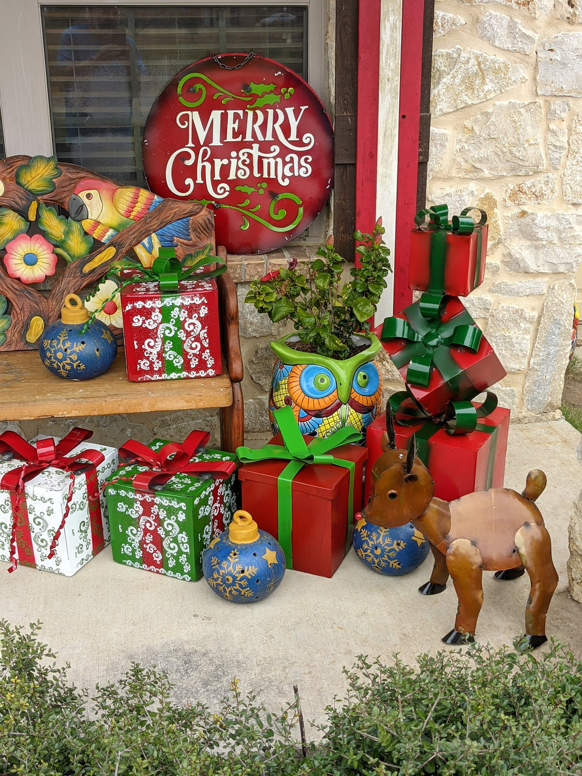 Christmas Decor Outdoor Festive Holiday Decor, Metal Gift Boxes Yard Art or Porch Decor 10x10x8
