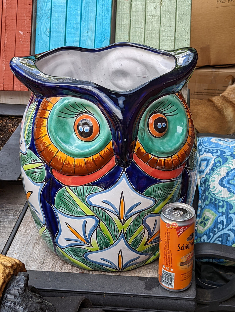 RIM CHIP | Gorgeous 14" Owl Flower Pot, Ceramic Planter is Handmade Talavera Pottery for Outdoor Garden Decor, Discounted 50% for Small Chip