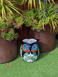 RIM CHIP | Gorgeous 14&quot; Owl Flower Pot, Ceramic Planter is Handmade Talavera Pottery for Outdoor Garden Decor, Discounted 45% for Small Chip