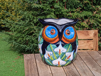 RIM CHIP | Gorgeous 14" Owl Flower Pot, Ceramic Planter is Handmade Talavera Pottery for Outdoor Garden Decor, Discounted 50% for Small Chip