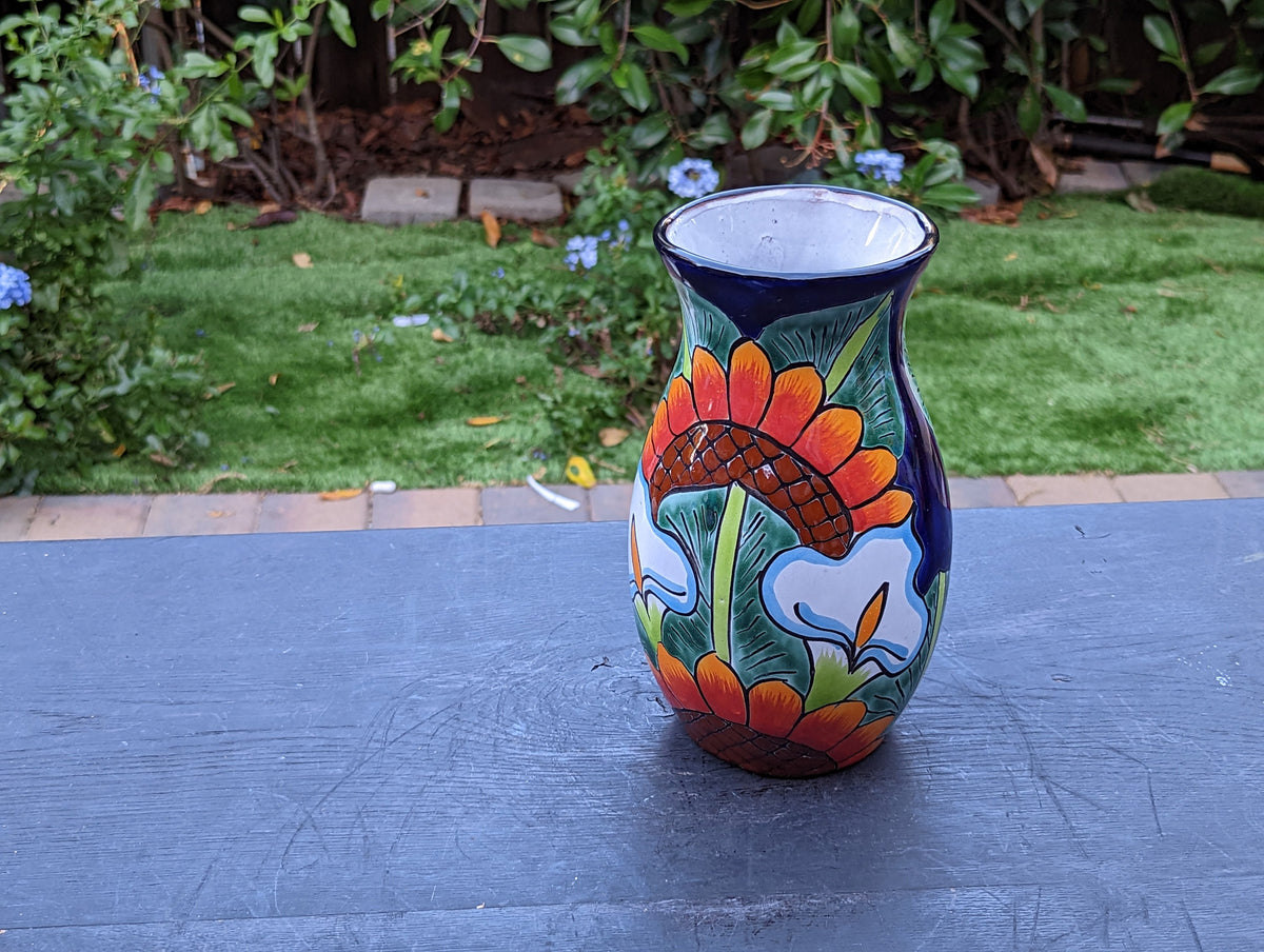 Talavera Ceramic Vase | Handmade Mexican Pottery for Dried or Fresh Flowers Featuring Colorful Sunflowers & Lillies