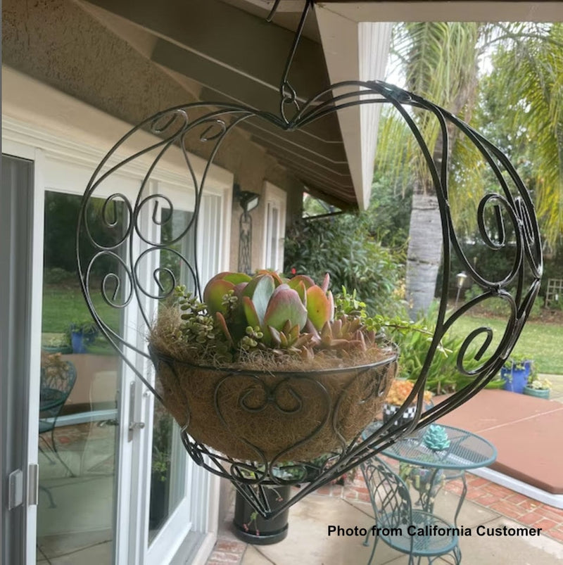 Heart Shaped Hanging Basket Garden Decor | Plant Hanger for Yard or Home, Hand Forged Metal Yard Art for Succulents, Flowers