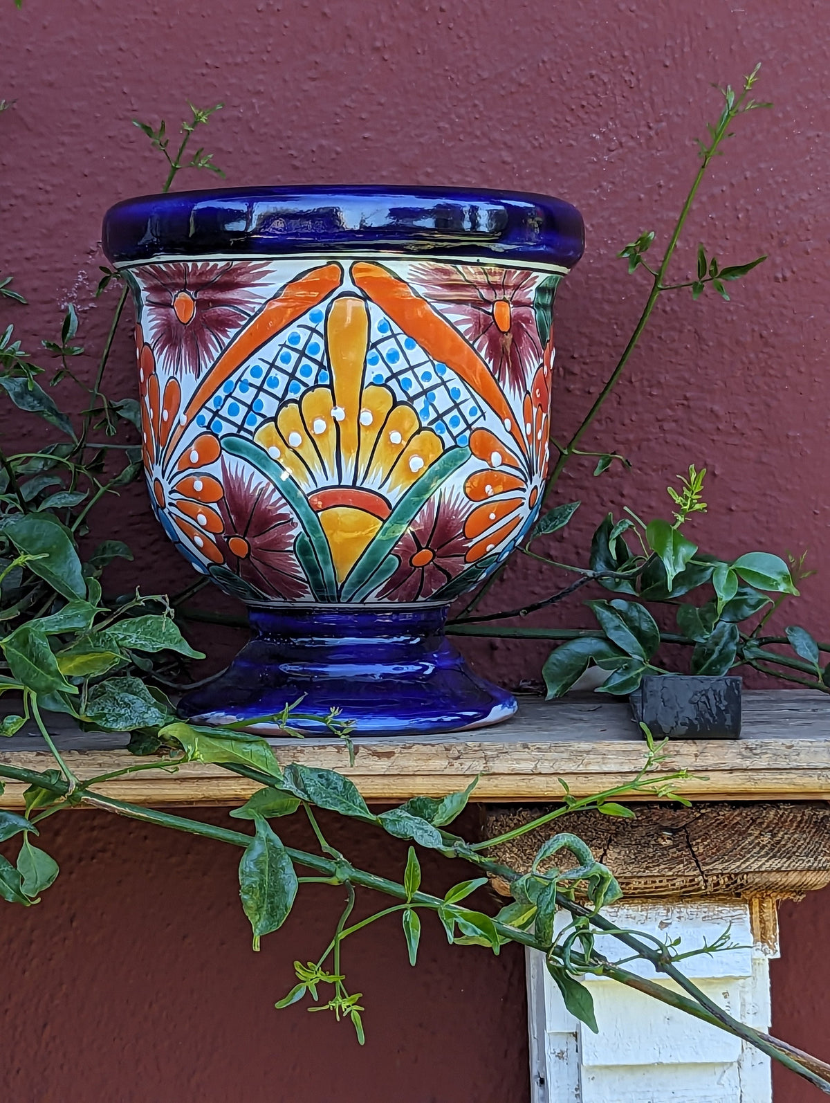 Colorful Pedestal Pot Talavera Ceramic Planter, Handmade Pottery for Outdoor Garden Decor, Indoor Home Decor and Unique Housewarming Gift
