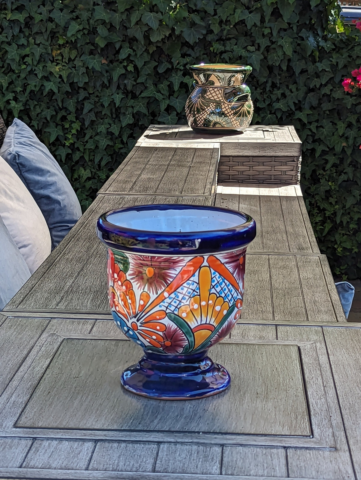 Colorful Pedestal Pot Talavera Ceramic Planter, Handmade Pottery for Outdoor Garden Decor, Indoor Home Decor and Unique Housewarming Gift