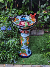 Pre-Order | Bird Bath Garden Decor in Talavera Pottery Ships 3-25 | Handmade Mexican Pedestal & Basin for Birds Doubles as Stunning Yard Art