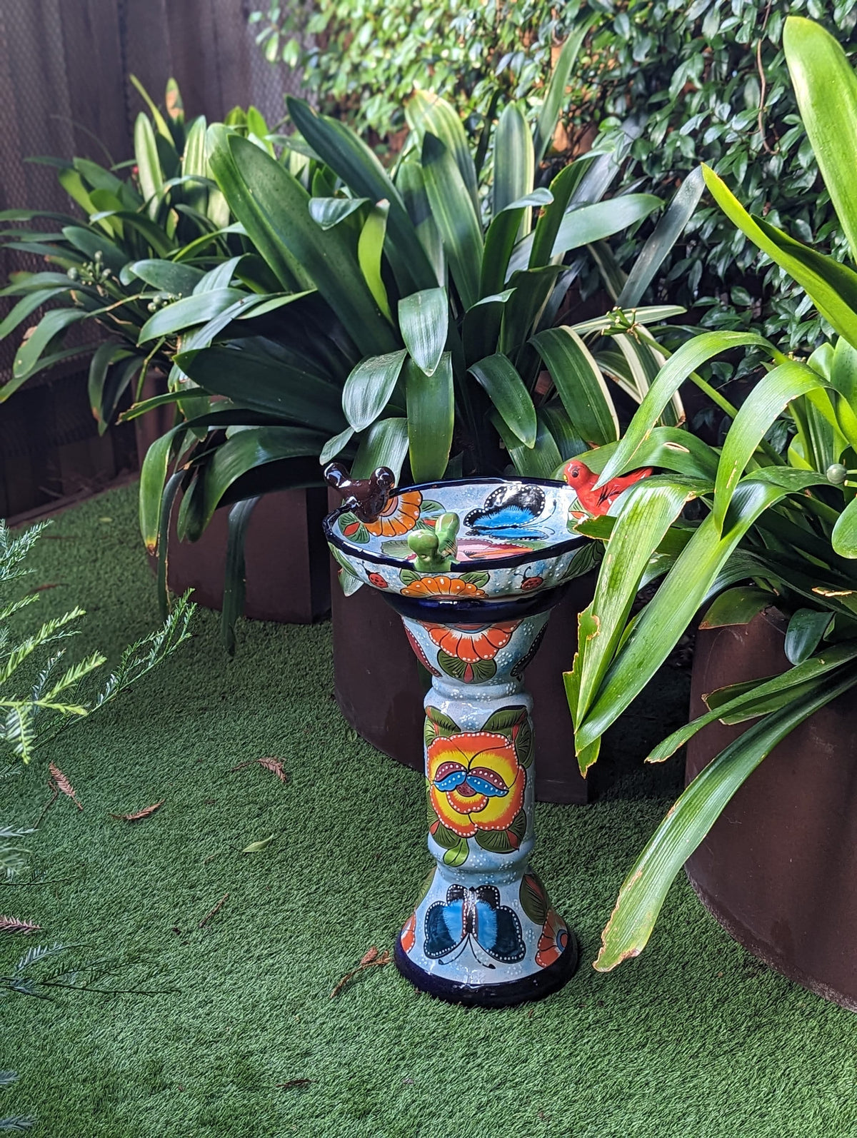 Pre-Order | Bird Bath Garden Decor in Talavera Pottery Ships 3-25 | Handmade Mexican Pedestal & Basin for Birds Doubles as Stunning Yard Art