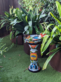 Pre-Order | Bird Bath Garden Decor in Talavera Pottery Ships 3-25 | Handmade Mexican Pedestal & Basin for Birds Doubles as Stunning Yard Art