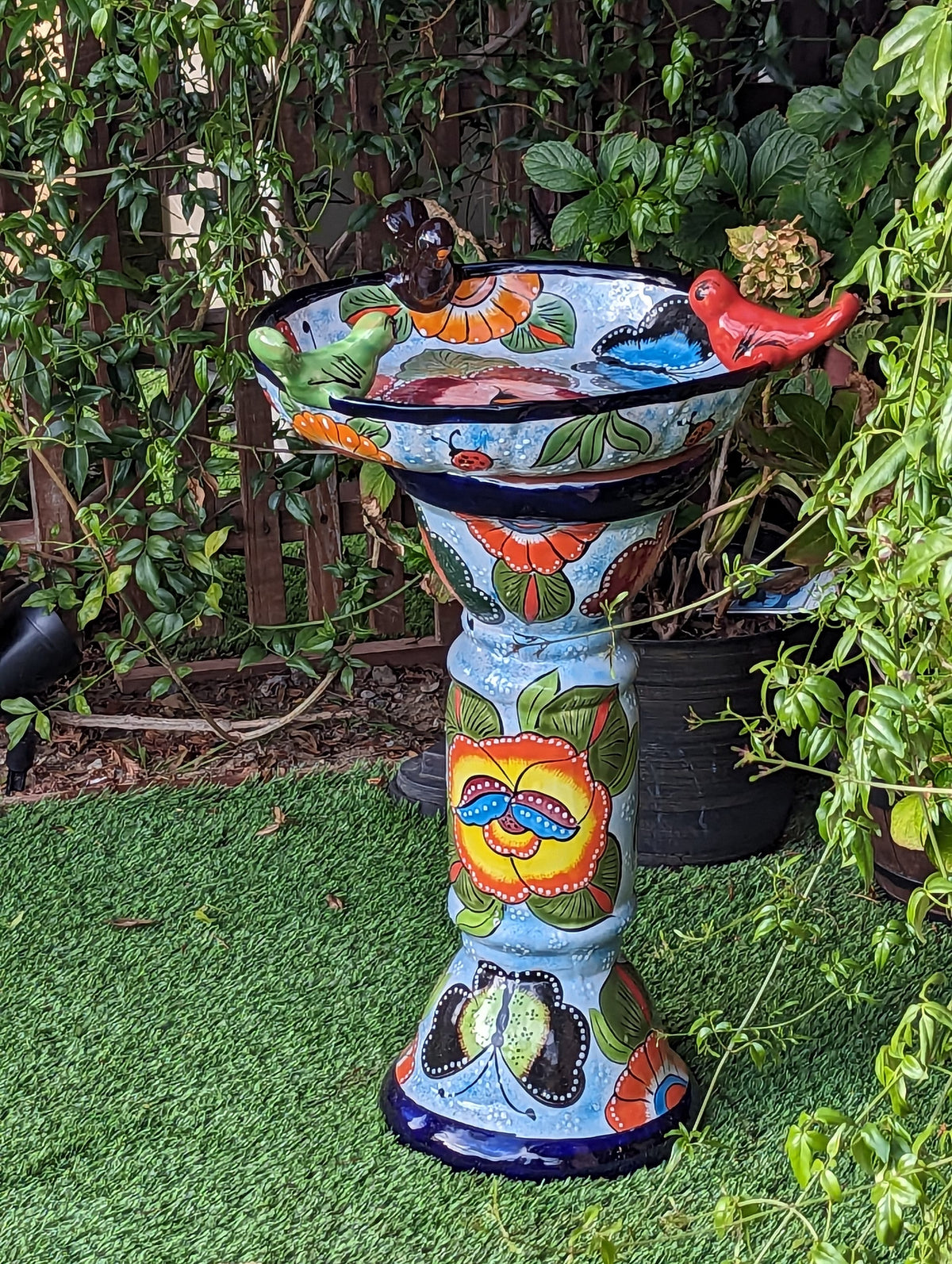 Pre-Order | Bird Bath Garden Decor in Talavera Pottery Ships 3-25 | Handmade Mexican Pedestal & Basin for Birds Doubles as Stunning Yard Art