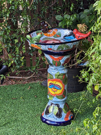 Pre-Order | Bird Bath Garden Decor in Talavera Pottery Ships 3-25 | Handmade Mexican Pedestal & Basin for Birds Doubles as Stunning Yard Art
