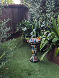 Pre-Order | Bird Bath Garden Decor in Talavera Pottery Ships 3-25 | Handmade Mexican Pedestal & Basin for Birds Doubles as Stunning Yard Art