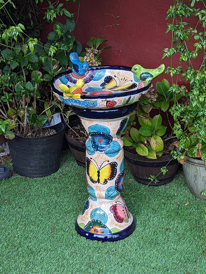 Pre-Order | Bird Bath Garden Decor in Talavera Pottery Ships 9-25 | Handmade Mexican Pedestal & Basin for Birds Doubles as Stunning Yard Art