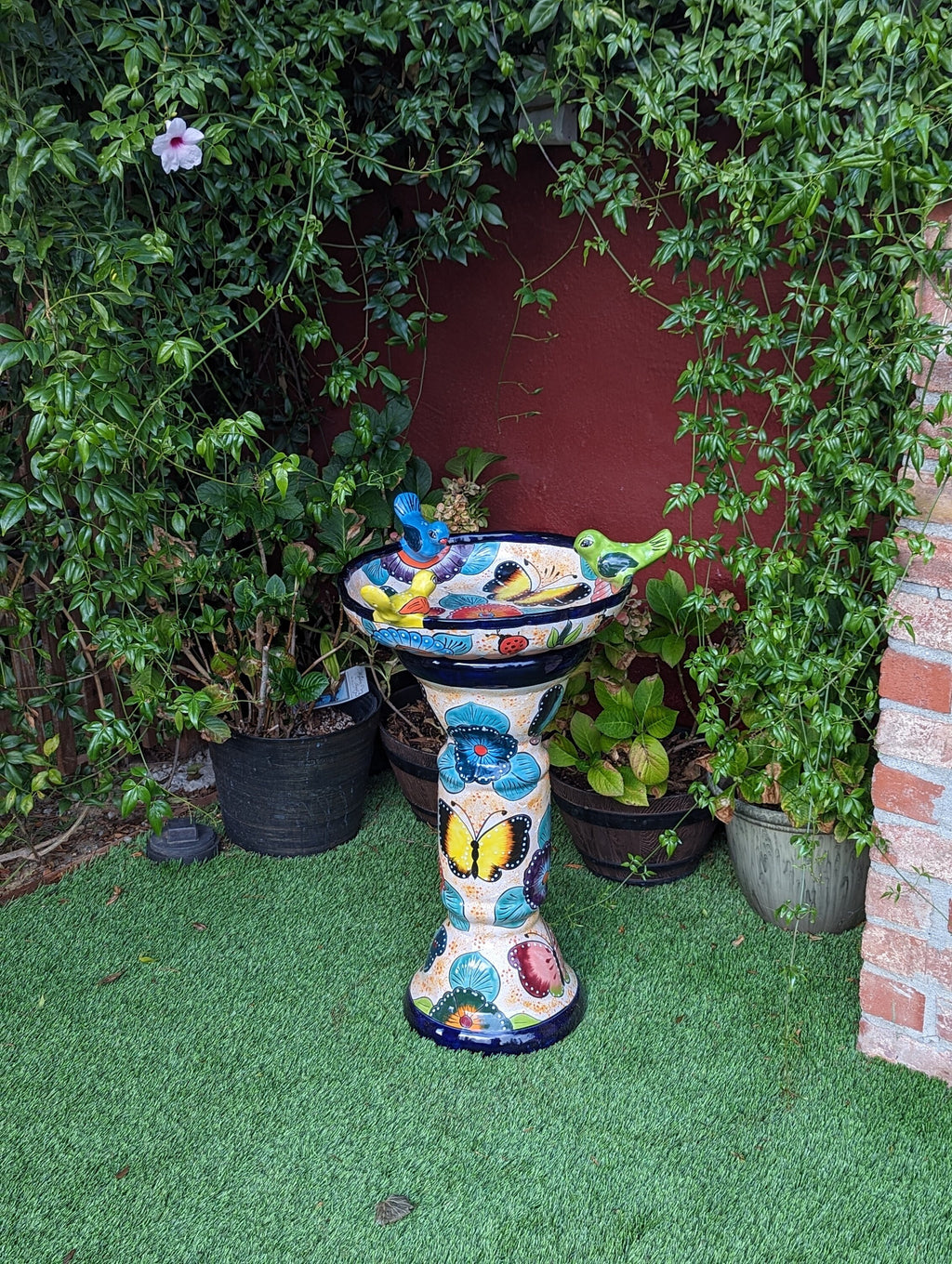 Pre-order | Bird Bath Garden Decor in Talavera Pottery Ships 9-1 | Handmade Mexican Pedestal & Basin for Birds Doubles as Stunning Yard Art