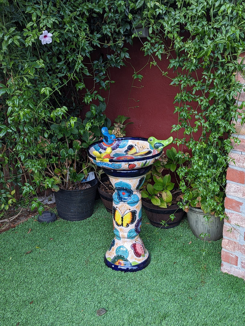 Bird Bath Garden Decor in Talavera Pottery  | Handmade Mexican Pedestal & Basin for Birds Doubles as Stunning Yard Art