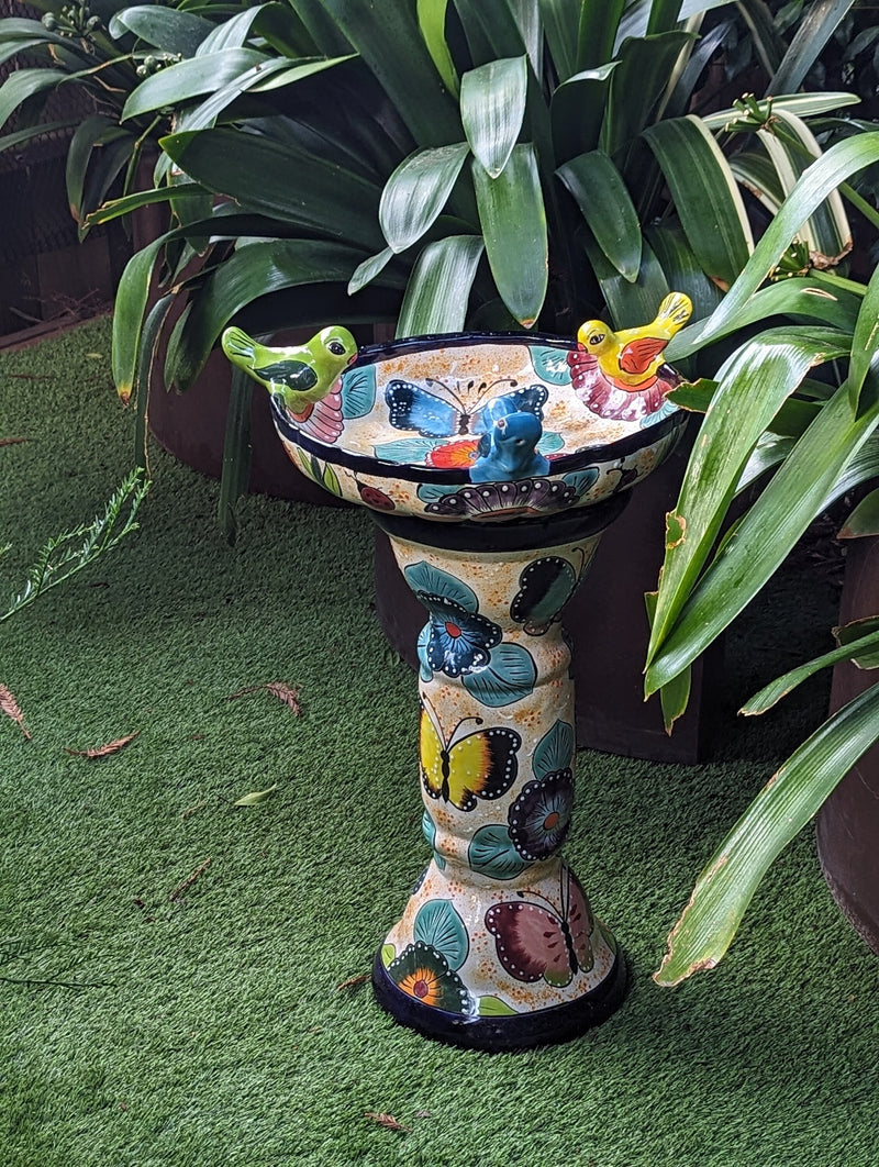 Bird Bath Garden Decor in Talavera Pottery  | Handmade Mexican Pedestal & Basin for Birds Doubles as Stunning Yard Art