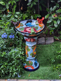 Pre-Order | Bird Bath Garden Decor in Talavera Pottery Ships 3-25 | Handmade Mexican Pedestal & Basin for Birds Doubles as Stunning Yard Art