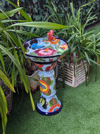 Pre-Order | Bird Bath Garden Decor in Talavera Pottery Ships 3-25 | Handmade Mexican Pedestal & Basin for Birds Doubles as Stunning Yard Art