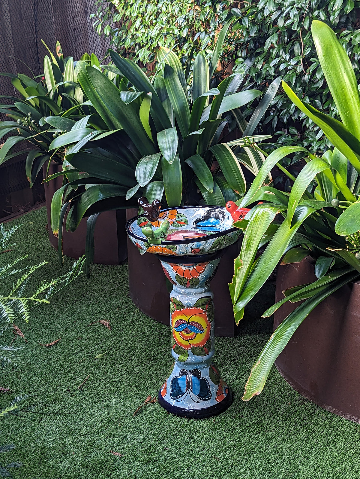 Pre-Order | Bird Bath Garden Decor in Talavera Pottery Ships 3-25 | Handmade Mexican Pedestal & Basin for Birds Doubles as Stunning Yard Art