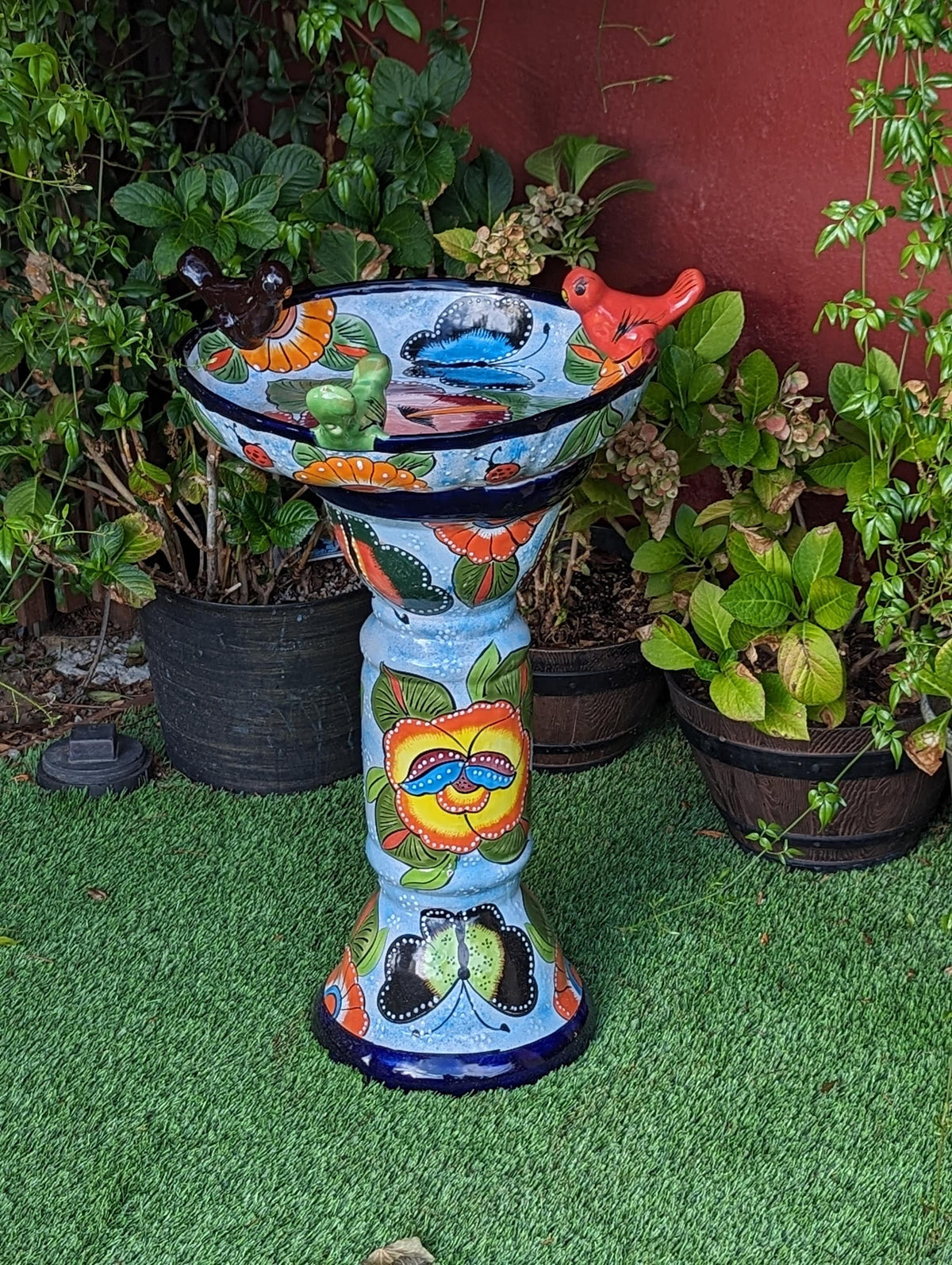 Pre-Order | Bird Bath Garden Decor in Talavera Pottery Ships 3-25 | Handmade Mexican Pedestal & Basin for Birds Doubles as Stunning Yard Art