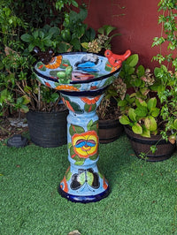 Pre-Order | Bird Bath Garden Decor in Talavera Pottery Ships 3-25 | Handmade Mexican Pedestal & Basin for Birds Doubles as Stunning Yard Art