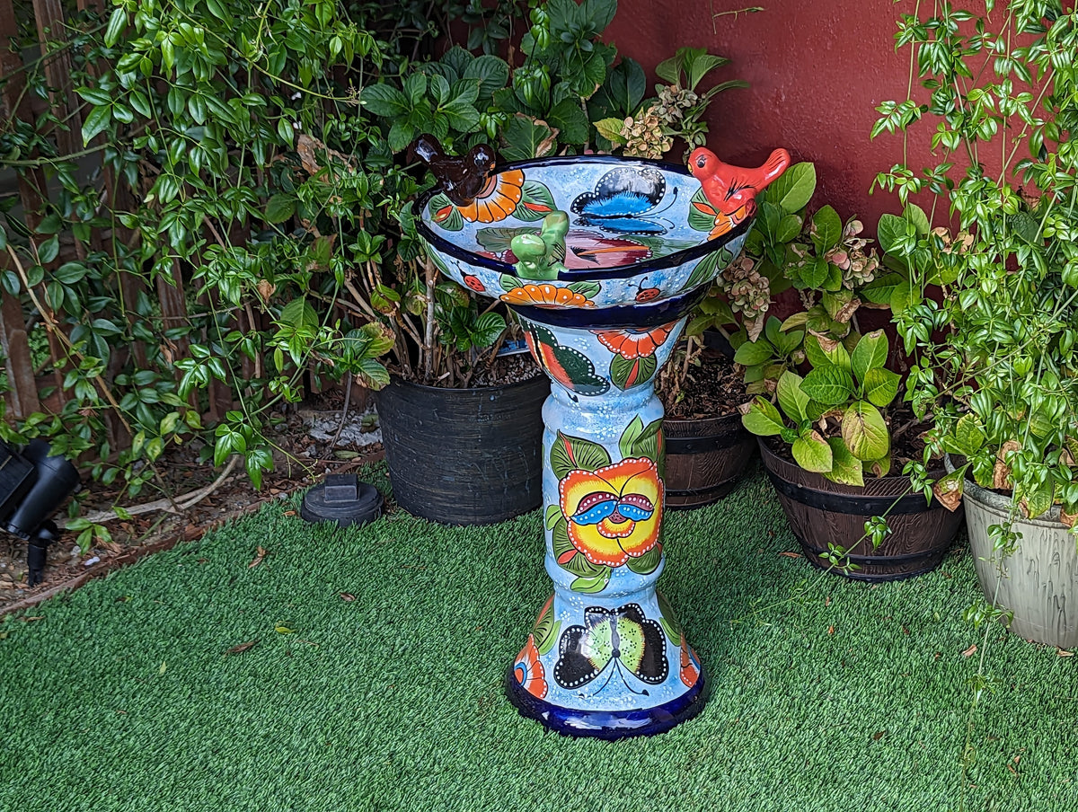 Pre-Order | Bird Bath Garden Decor in Talavera Pottery Ships 3-25 | Handmade Mexican Pedestal & Basin for Birds Doubles as Stunning Yard Art
