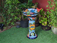 Pre-Order | Bird Bath Garden Decor in Talavera Pottery Ships 3-25 | Handmade Mexican Pedestal & Basin for Birds Doubles as Stunning Yard Art