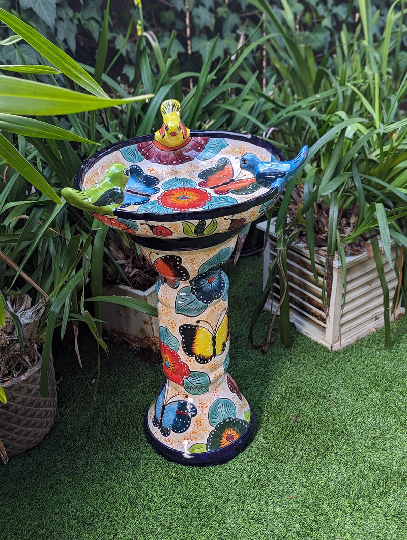 Bird Bath Garden Decor in Talavera Pottery  | Handmade Mexican Pedestal & Basin for Birds Doubles as Stunning Yard Art