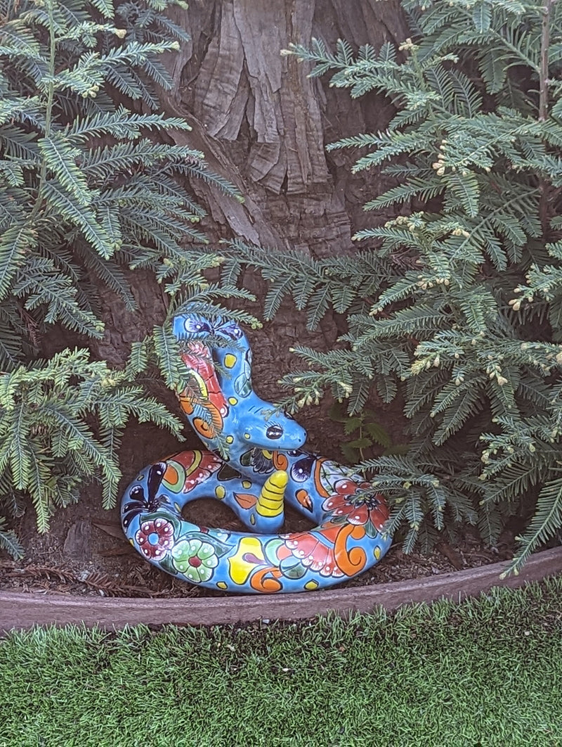 Talavera Rattlesnake Figurine Ceramic Mexican Pottery, Snake Outdoor Decor and Garden Statue Handmade in Mexico