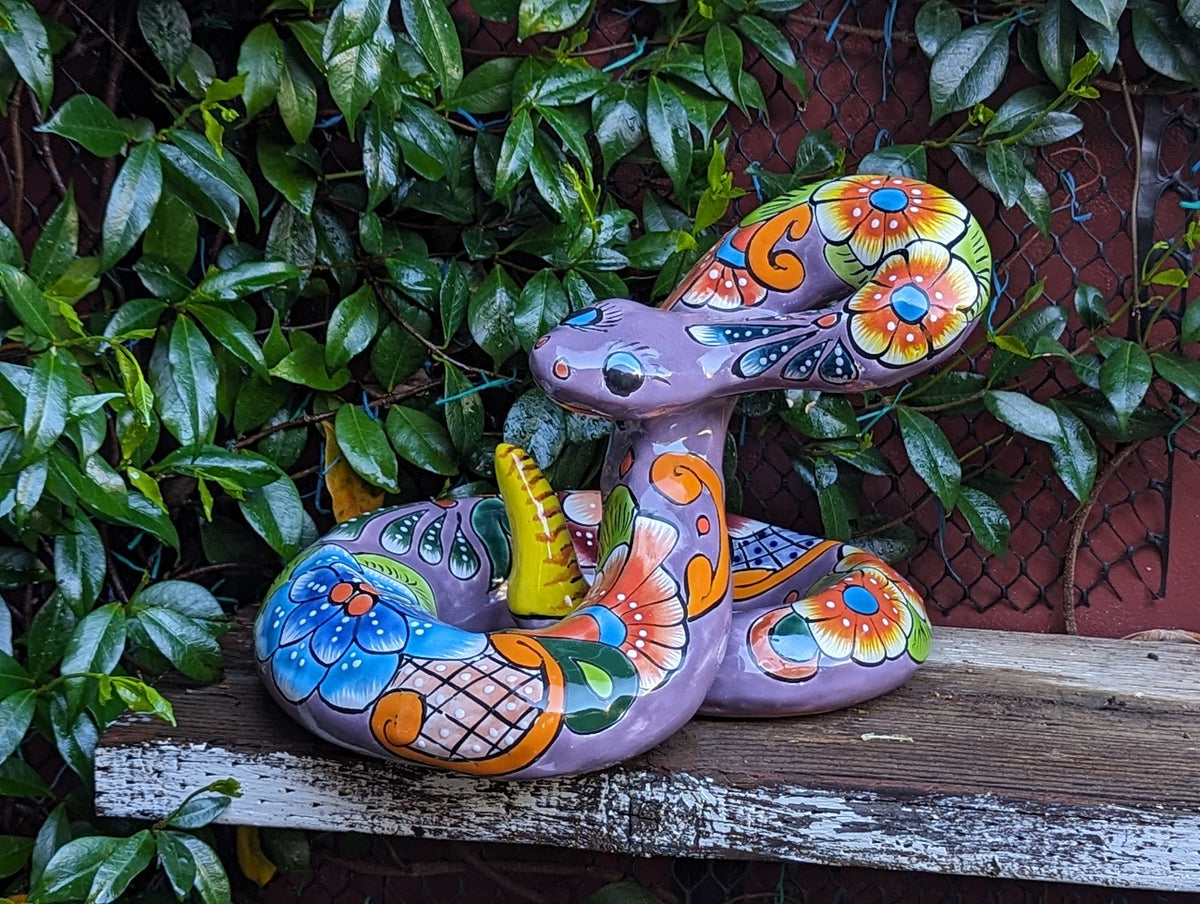 Talavera Rattlesnake Figurine Ceramic Mexican Pottery, Snake Outdoor Decor and Garden Statue Handmade in Mexico