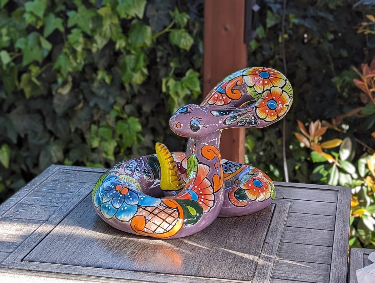 Talavera Rattlesnake Figurine Ceramic Mexican Pottery, Snake Outdoor Decor and Garden Statue Handmade in Mexico