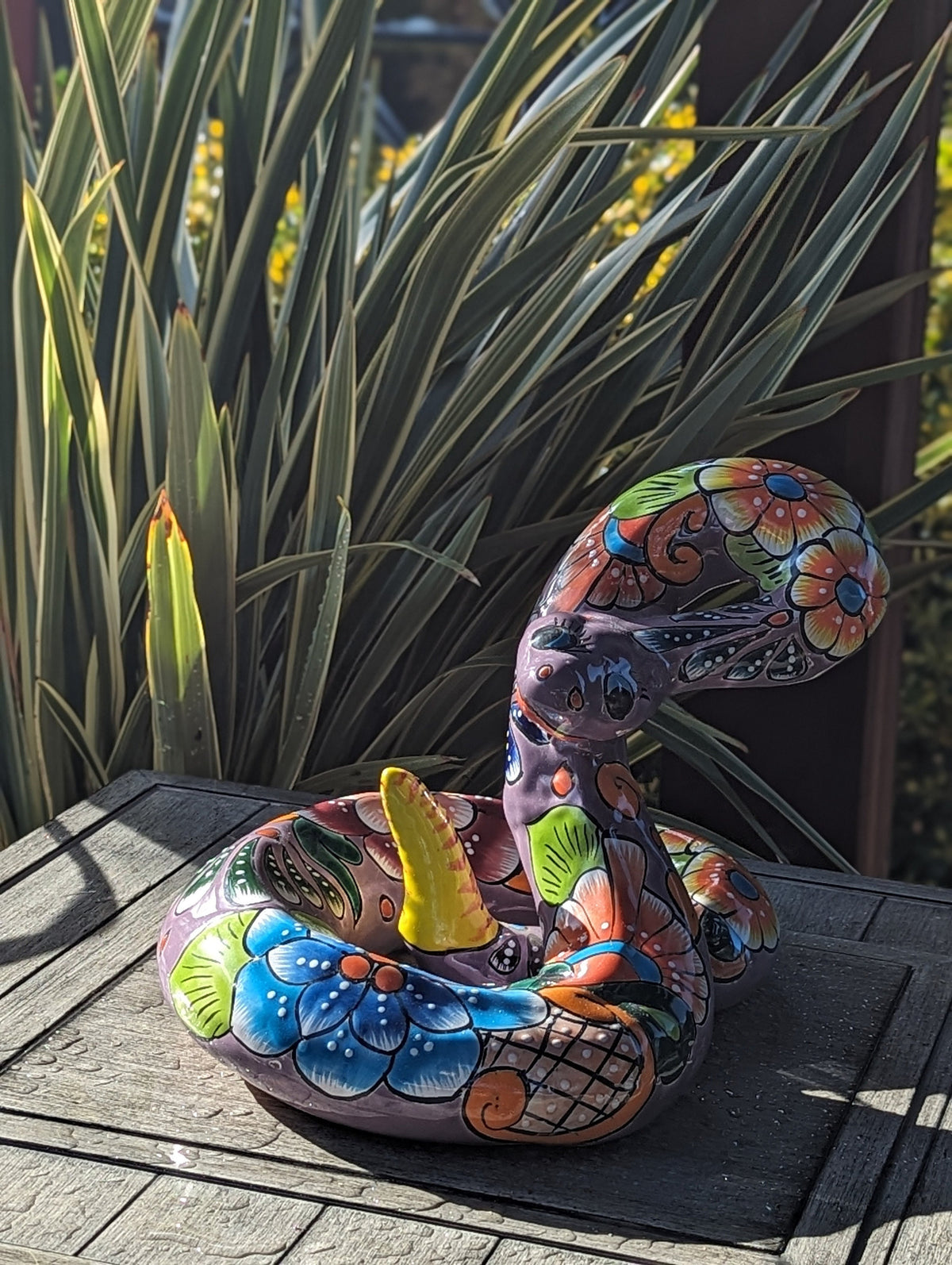 Talavera Rattlesnake Figurine Ceramic Mexican Pottery, Snake Outdoor Decor and Garden Statue Handmade in Mexico