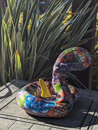 Talavera Rattlesnake Figurine Ceramic Mexican Pottery, Snake Outdoor Decor and Garden Statue Handmade in Mexico