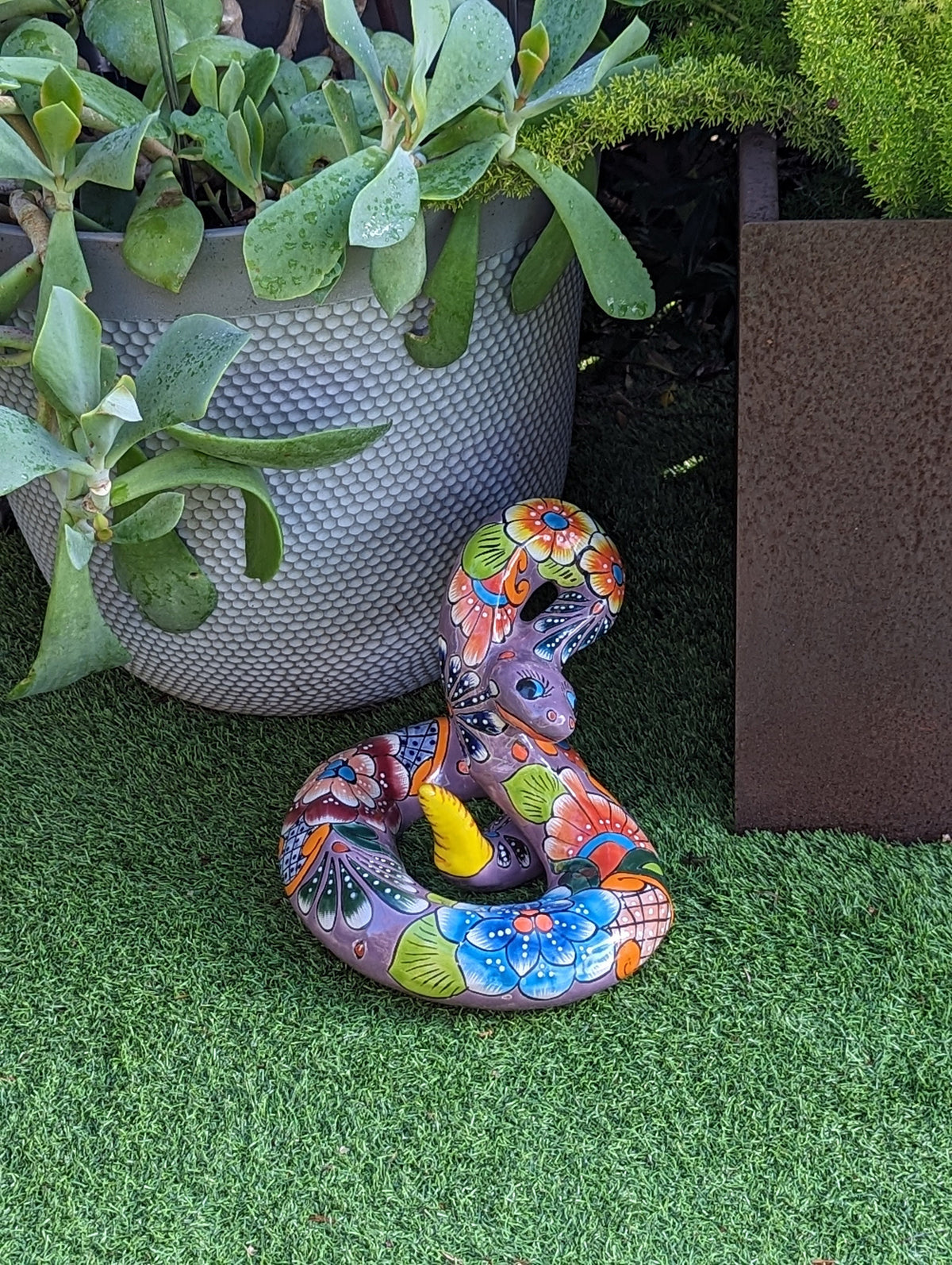Talavera Rattlesnake Figurine Ceramic Mexican Pottery, Snake Outdoor Decor and Garden Statue Handmade in Mexico
