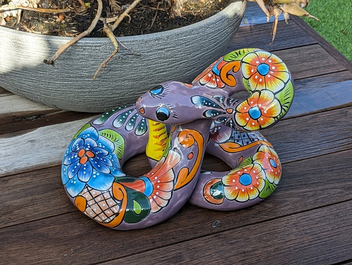 Talavera Rattlesnake Figurine Ceramic Mexican Pottery, Snake Outdoor Decor and Garden Statue Handmade in Mexico