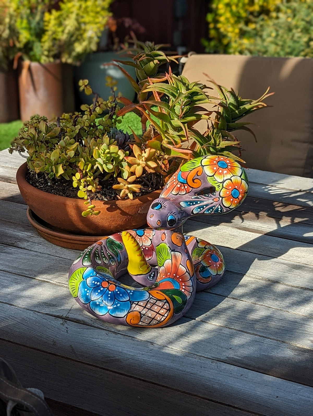 Talavera Rattlesnake Figurine Ceramic Mexican Pottery, Snake Outdoor Decor and Garden Statue Handmade in Mexico